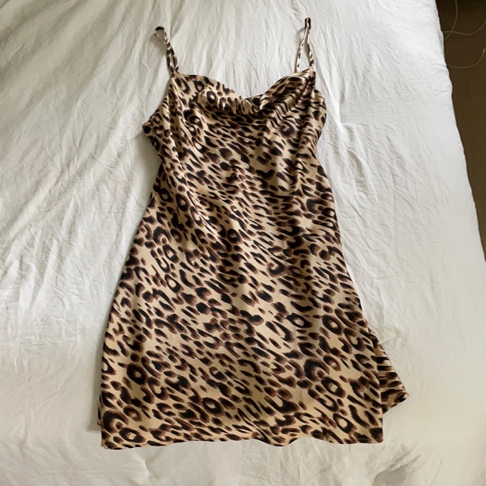 Grey Bandit Cowl Neck Leopard Satin Dress Small